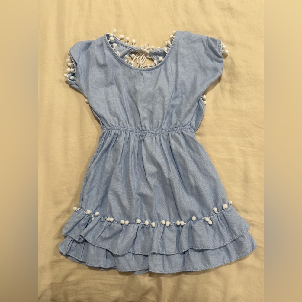 Little Peixoto Charming Blue Kids Dress with Pom-Pom Details